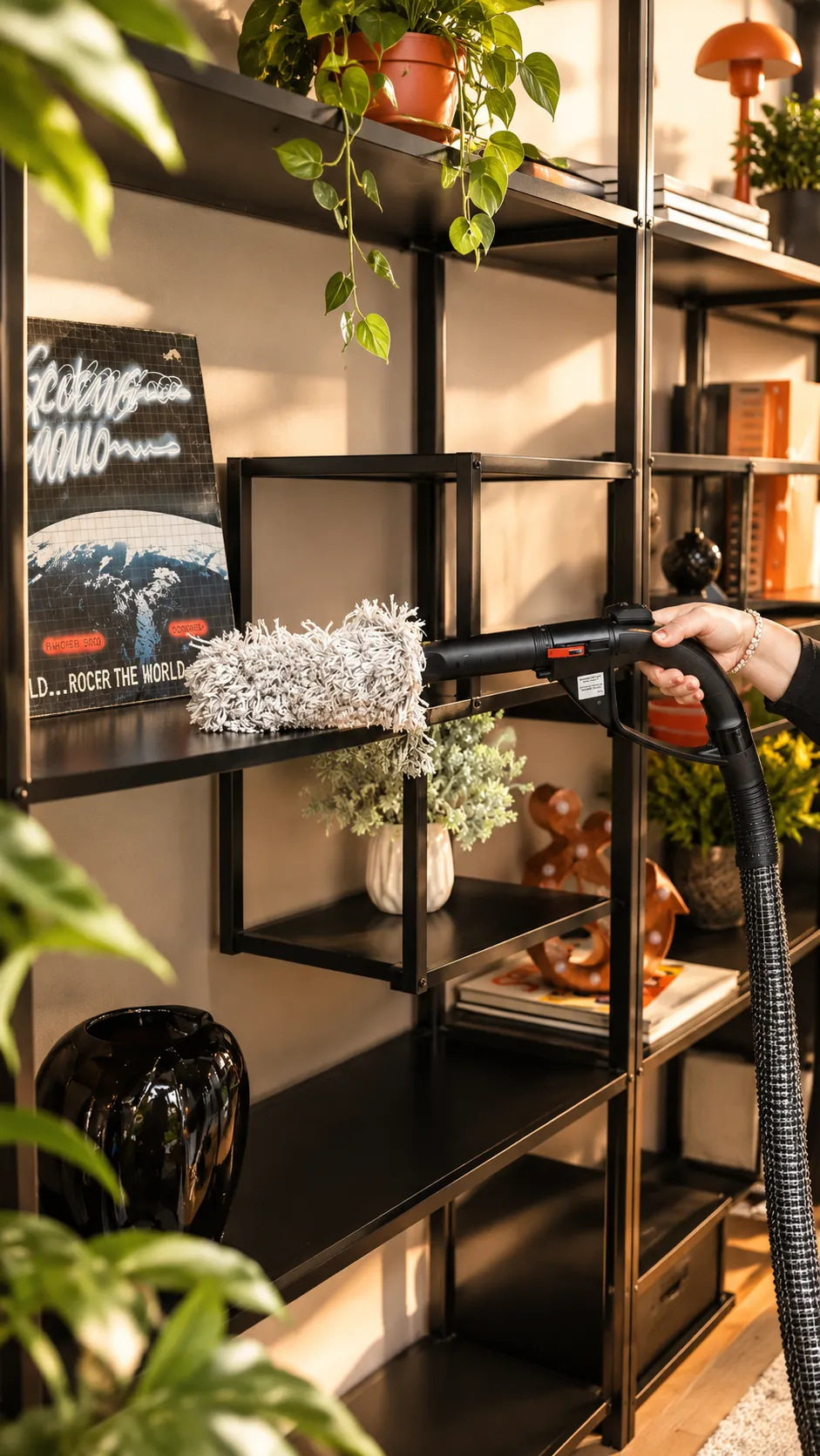 Staubwischen am Regal mit dem HYLA Duster-Aufsatz