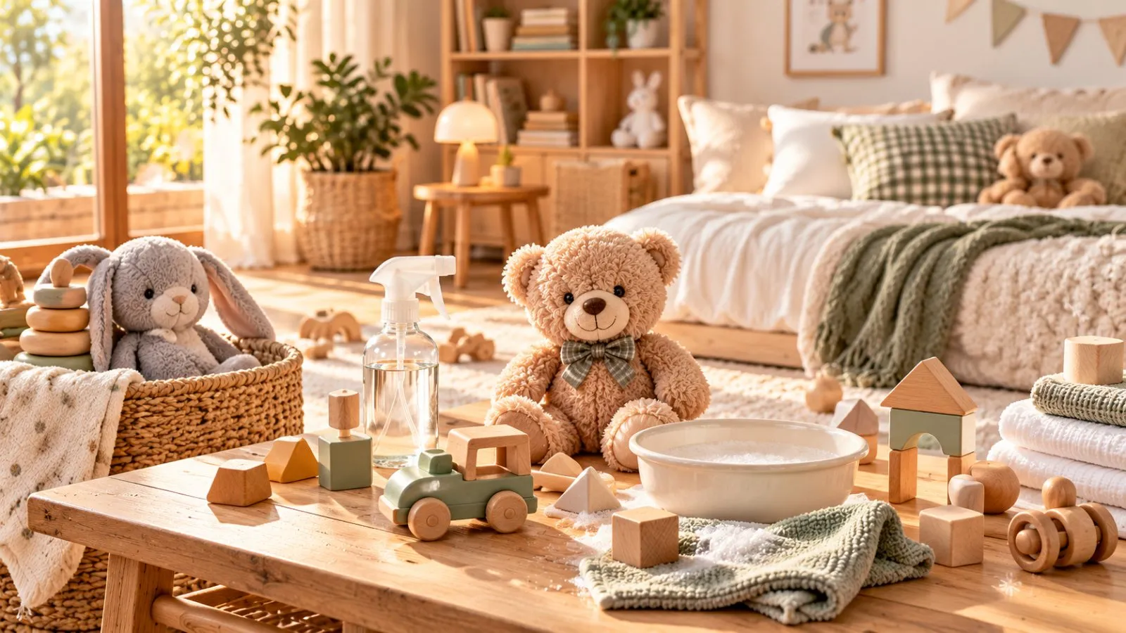Teddy, Holzspielzeug und Reinigungsutensilien im Kinderzimmer